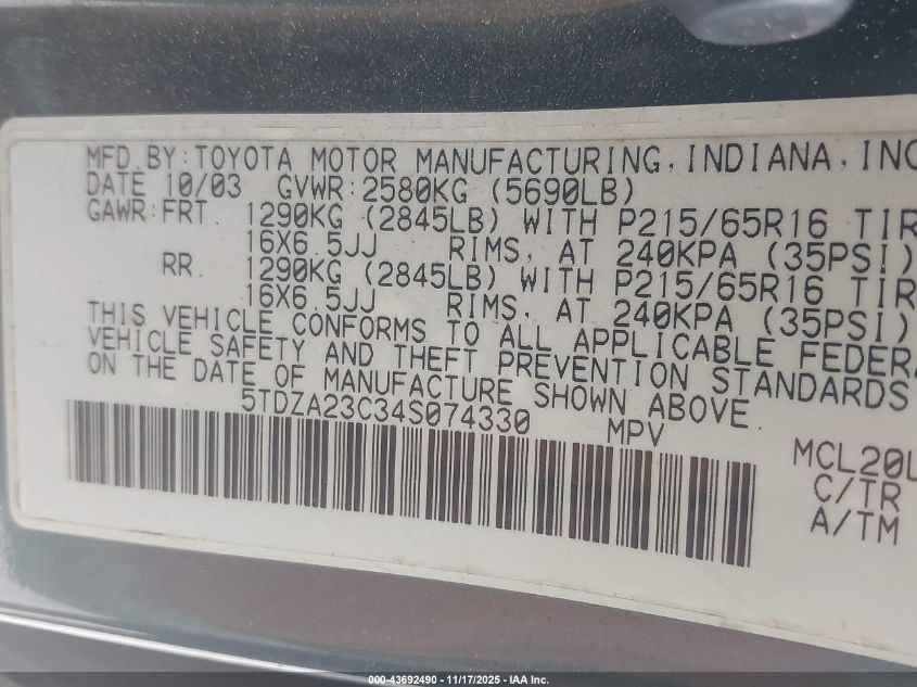 2004 Toyota Sienna Le VIN: 5TDZA23C34S074330 Lot: 43692490