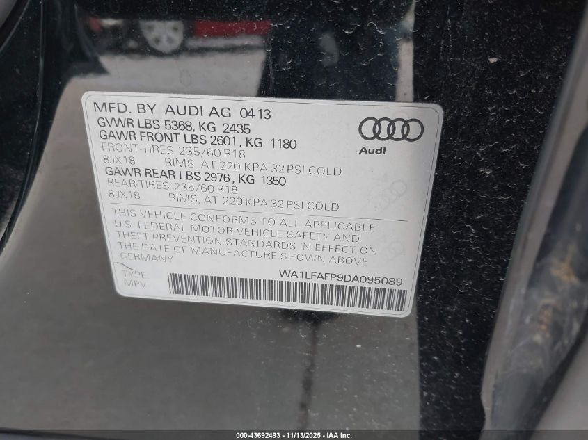 2013 Audi Q5 2.0T Premium VIN: WA1LFAFP9DA095089 Lot: 43692493