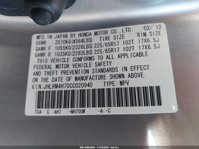 JHLRM4H70CC020940 2012 HONDA CR-V photo no. 9
