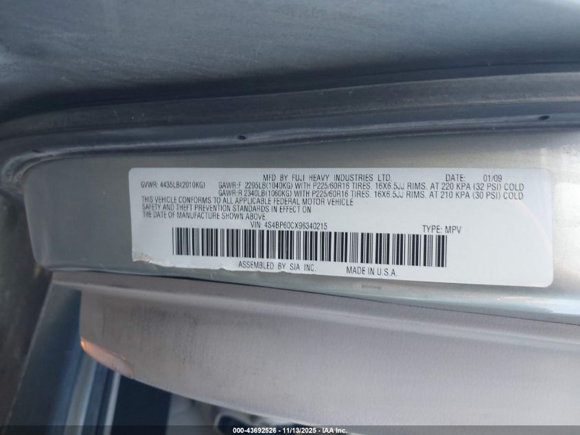 2009 Subaru Outback 2.5I VIN: 4S4BP60CX96340215 Lot: 43692526