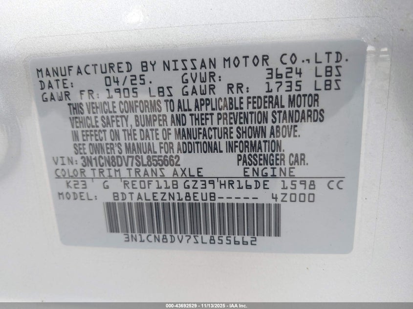 2025 NISSAN VERSA 1.6 S 3N1CN8DV7SL855662