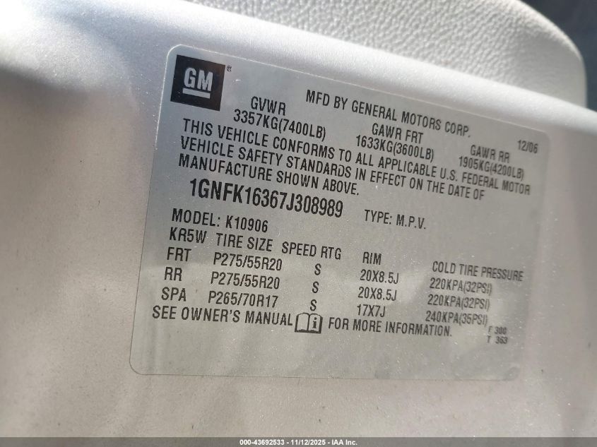 2007 Chevrolet Suburban 1500 Ltz VIN: 1GNFK16367J308989 Lot: 43692533