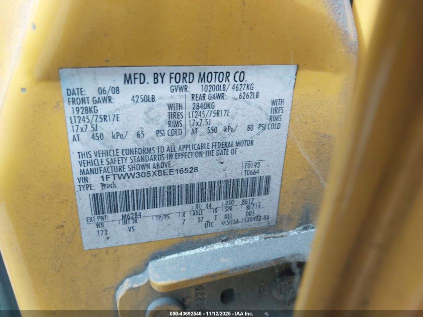 2008 Ford F-350 King Ranch/Lariat/Xl/Xlt VIN: 1FTWW305X8EE16528 Lot: 43692546