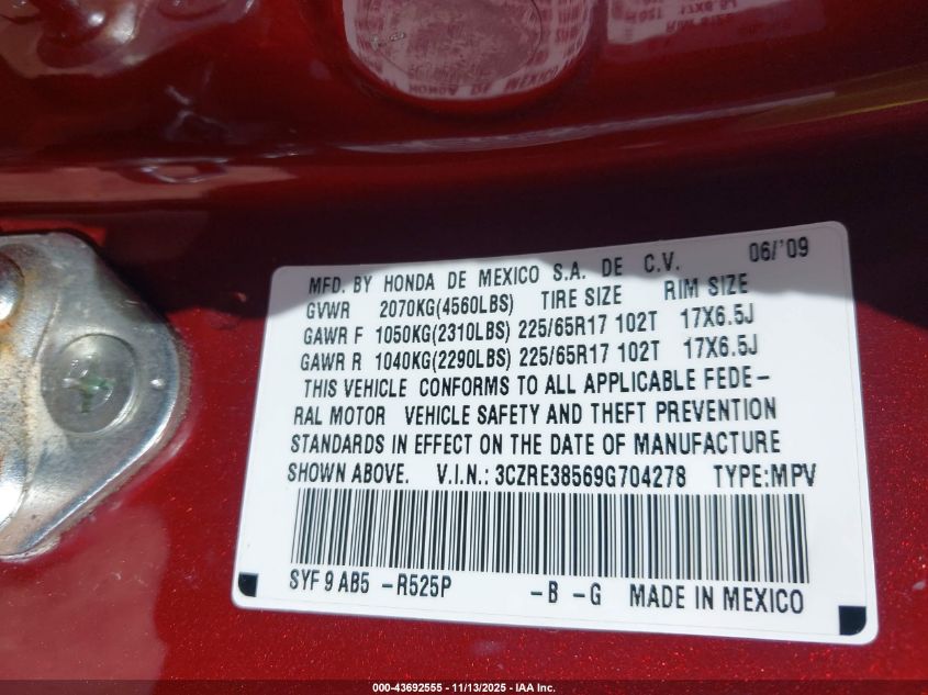 2009 Honda Cr-V Ex VIN: 3CZRE38569G704278 Lot: 43692555