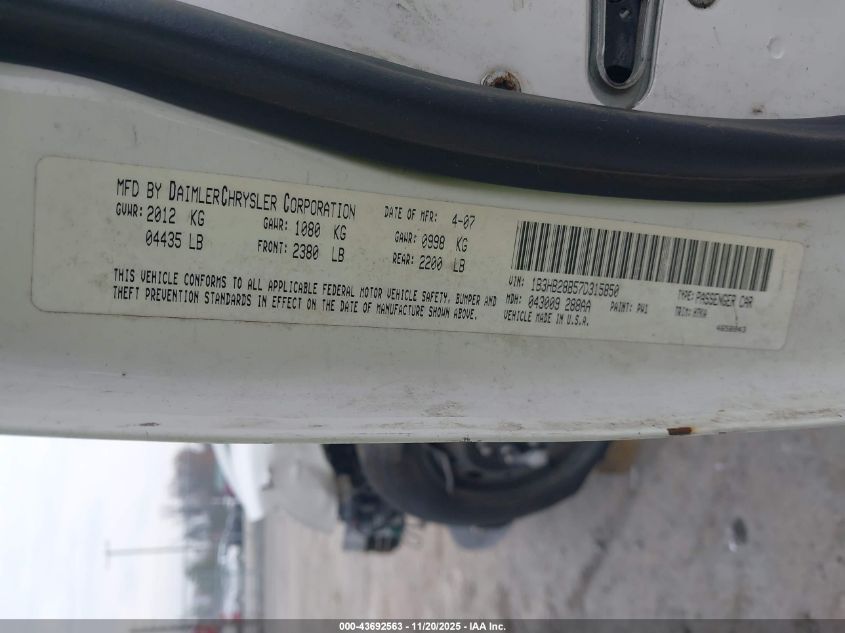 2007 Dodge Caliber VIN: 1B3HB28B57D315850 Lot: 43692563