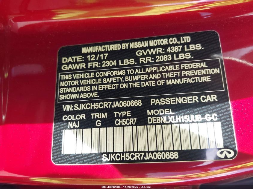 2018 Infiniti Qx30 Luxury VIN: SJKCH5CR7JA060668 Lot: 43692588