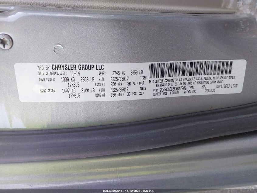 2015 Chrysler Town & Country Touring-L VIN: 2C4RC1CG5FR617700 Lot: 43692614