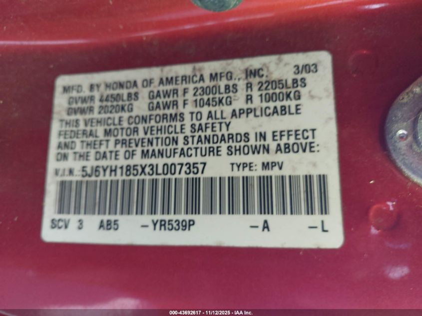 2003 Honda Element Ex VIN: 5J6YH185X3L007357 Lot: 43692617