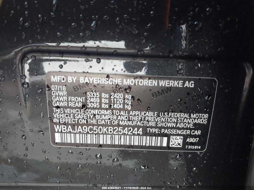 2019 BMW 530E Iperformance VIN: WBAJA9C50KB254244 Lot: 43692621