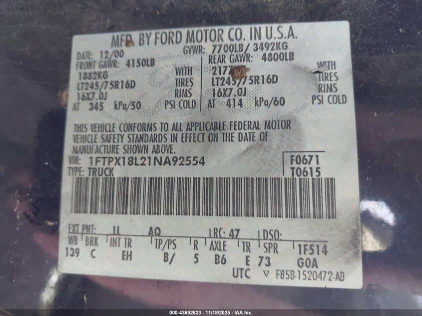 2001 Ford F-150 Lariat/Xl/Xlt VIN: 1FTPX18L21NA92554 Lot: 43692623