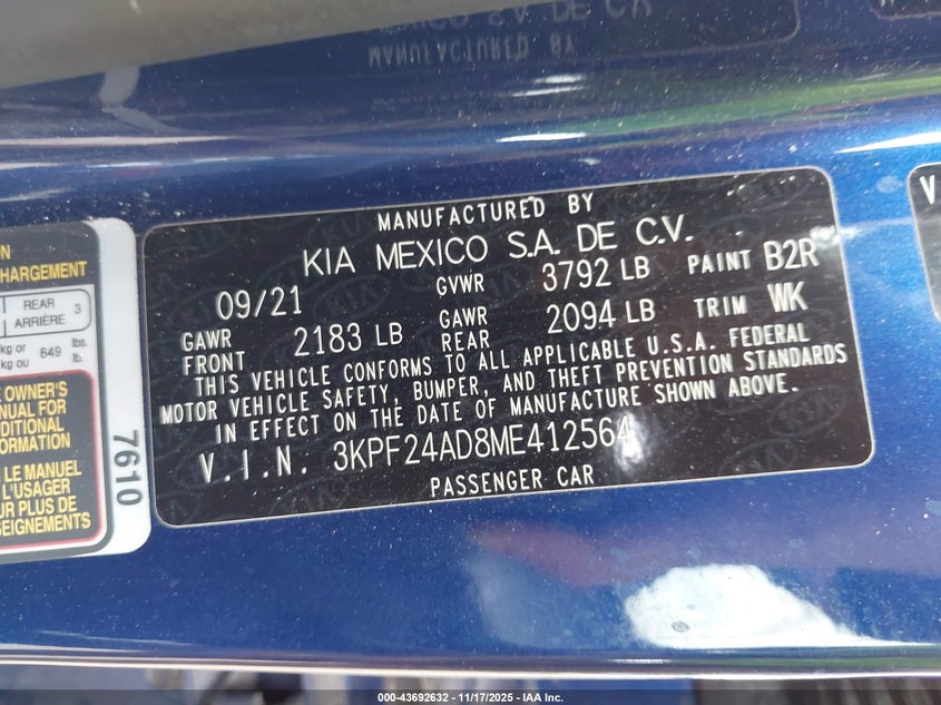2021 Kia Forte Lxs VIN: 3KPF24AD8ME412564 Lot: 43692632