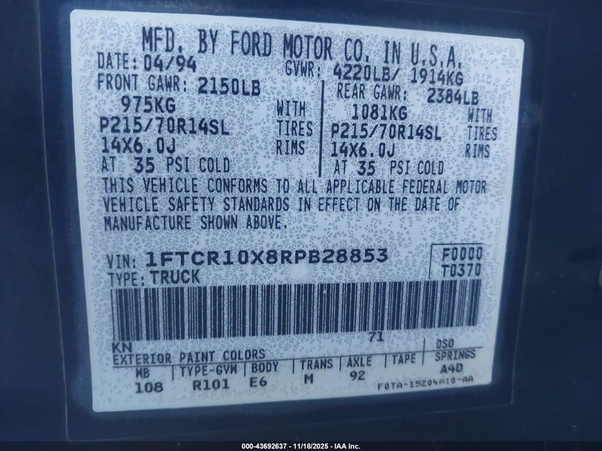 1994 Ford Ranger VIN: 1FTCR10X8RPB28853 Lot: 43692637