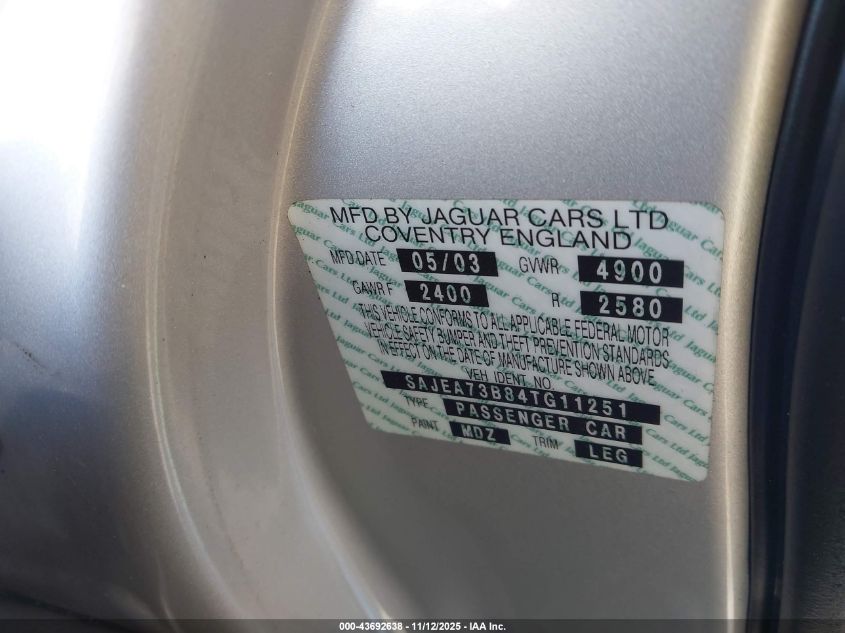 2004 Jaguar Xj Xjr VIN: SAJEA73B84TG11251 Lot: 43692638