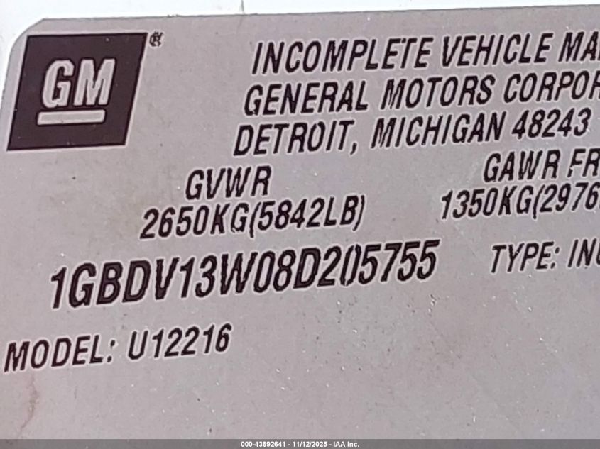 2008 Chevrolet Uplander Cargo VIN: 1GBDV13W08D205755 Lot: 43692641