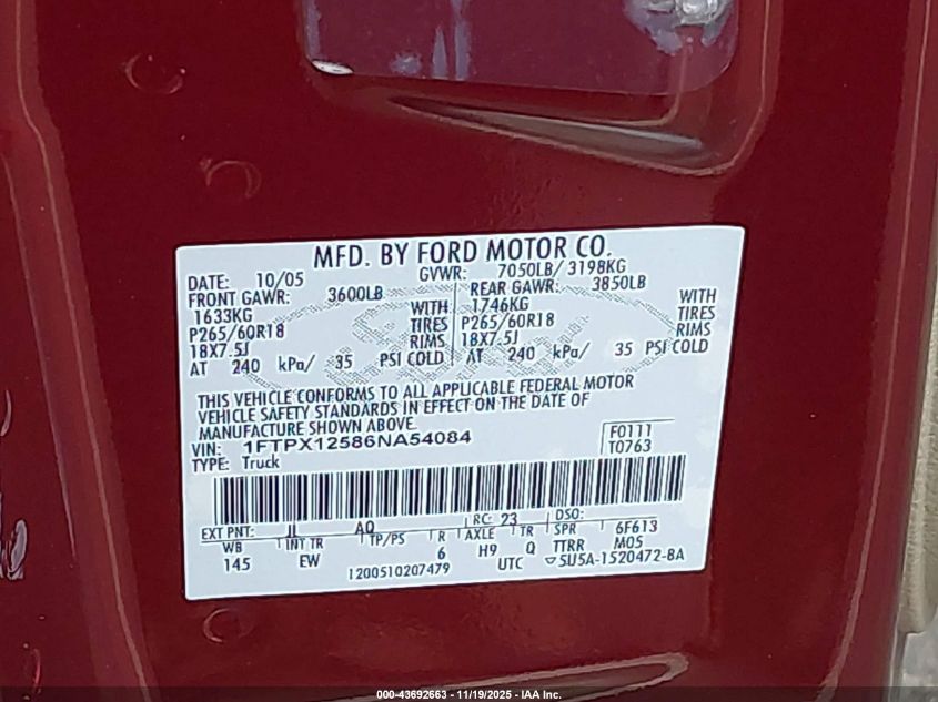 2006 Ford F-150 Lariat/Xl/Xlt VIN: 1FTPX12586NA54084 Lot: 43692663