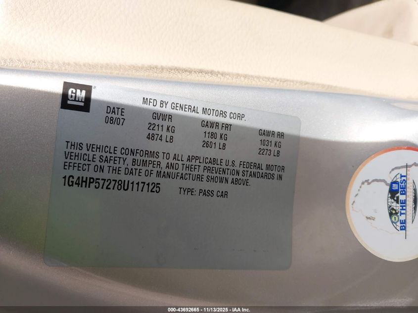 2008 Buick Lucerne Cx VIN: 1G4HP57278U117125 Lot: 43692665