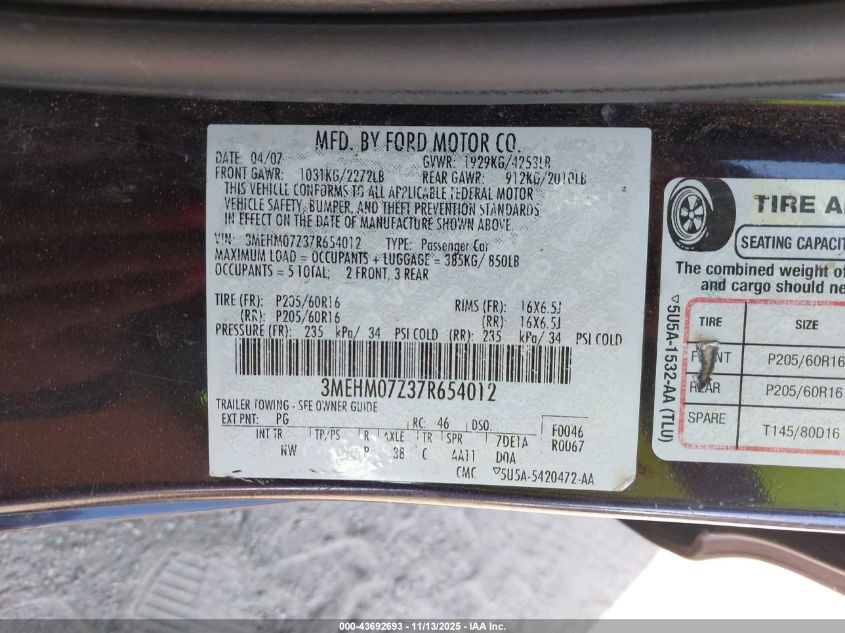 2007 Mercury Milan I4 VIN: 3MEHM07Z37R654012 Lot: 43692693