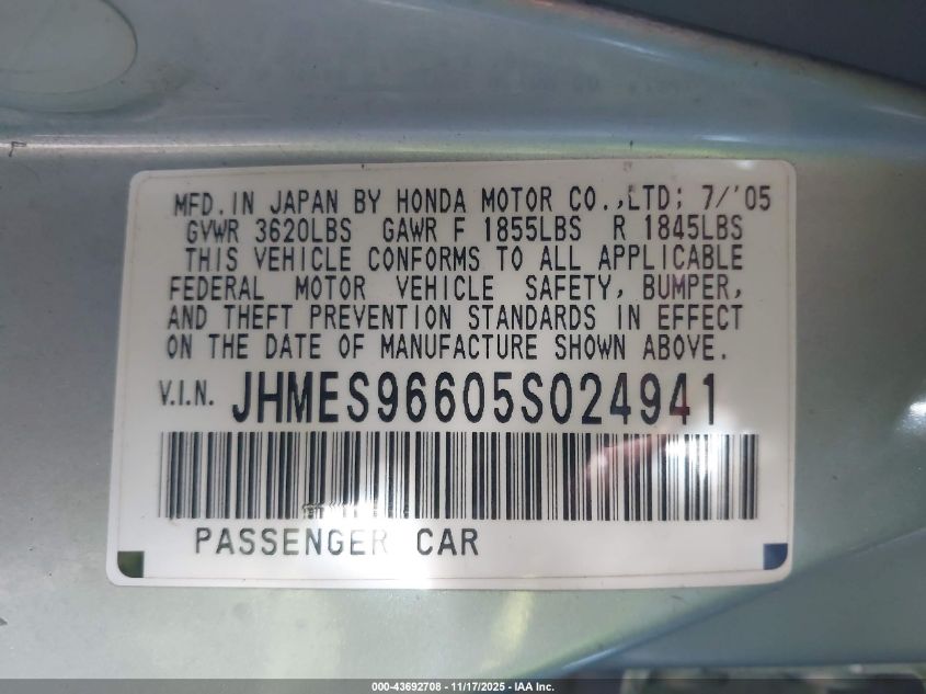 2005 Honda Civic Hybrid VIN: JHMES96605S024941 Lot: 43692708