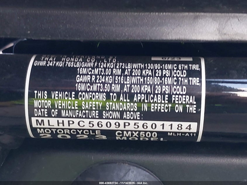 2023 Honda Cmx500 VIN: MLHPC5609P5601184 Lot: 43692724