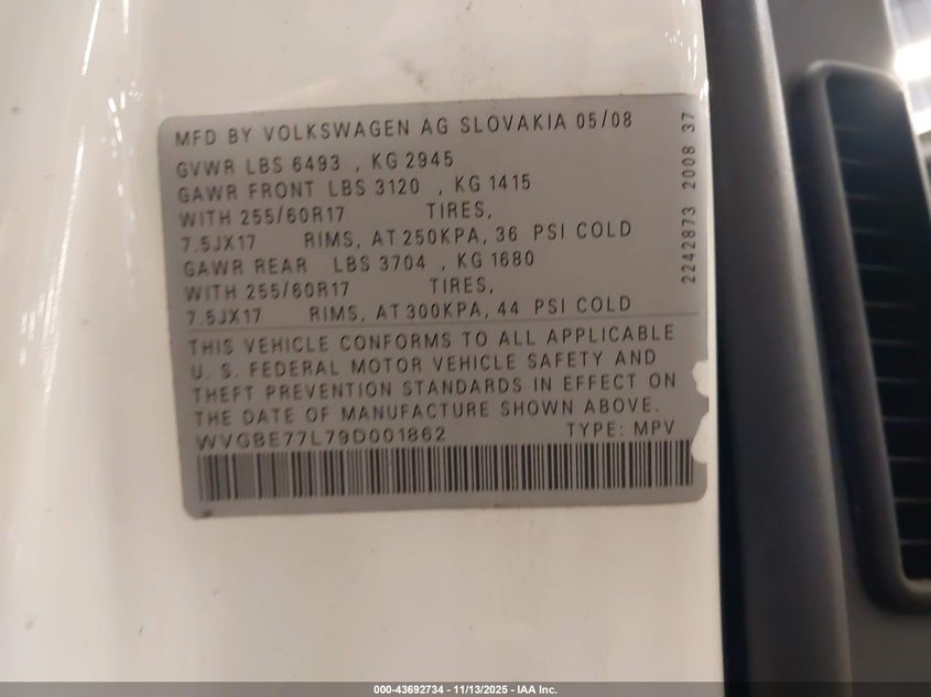 2009 Volkswagen Touareg 2 Vr6 Fsi VIN: WVGBE77L79D001862 Lot: 43692734
