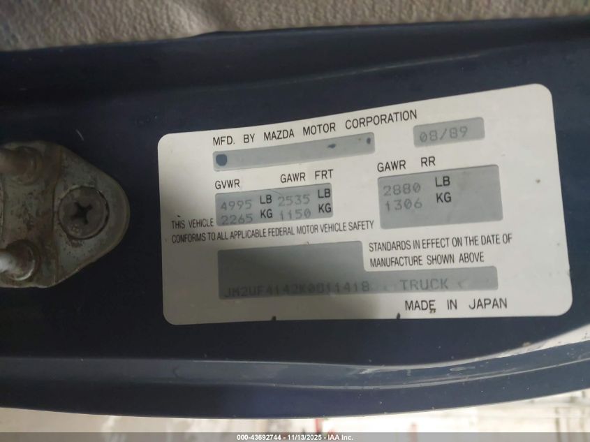 1989 Mazda B2600 Short Body VIN: JM2UF4142K0811418 Lot: 43692744