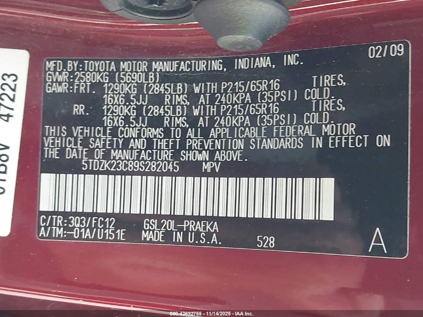 2009 Toyota Sienna Le VIN: 5TDZK23C89S282045 Lot: 43692755