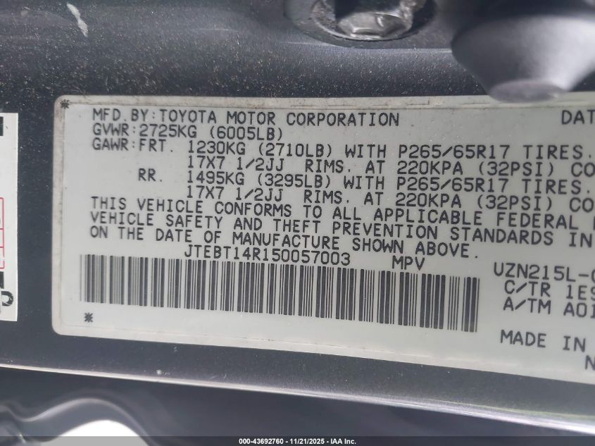 2005 Toyota 4Runner Sr5 V8 VIN: JTEBT14R150057003 Lot: 43692760