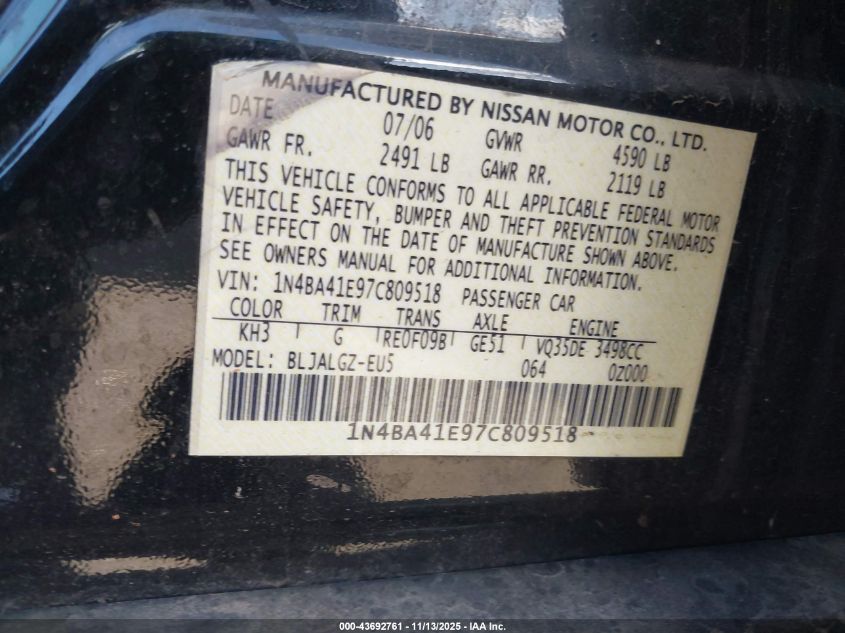 2007 Nissan Maxima 3.5 Sl VIN: 1N4BA41E97C809518 Lot: 43692761