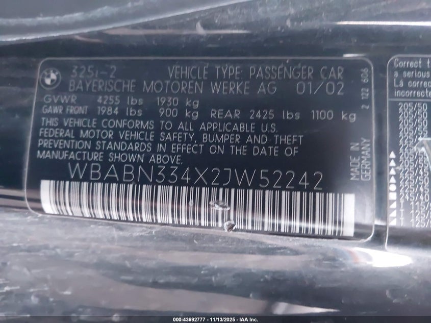 2002 BMW 325Ci VIN: WBABN334X2JW52242 Lot: 43692777