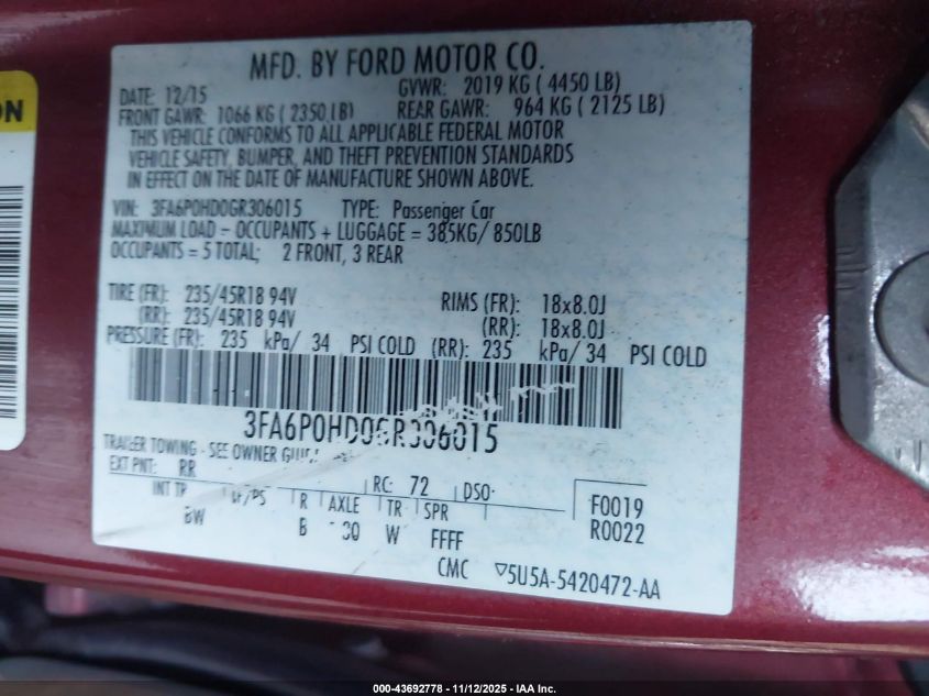 2016 Ford Fusion Se VIN: 3FA6P0HD0GR306015 Lot: 43692778