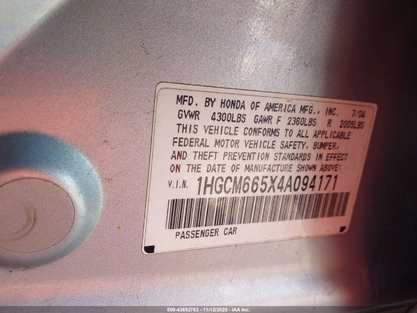 2004 Honda Accord 3.0 Ex VIN: 1HGCM665X4A094171 Lot: 43692783