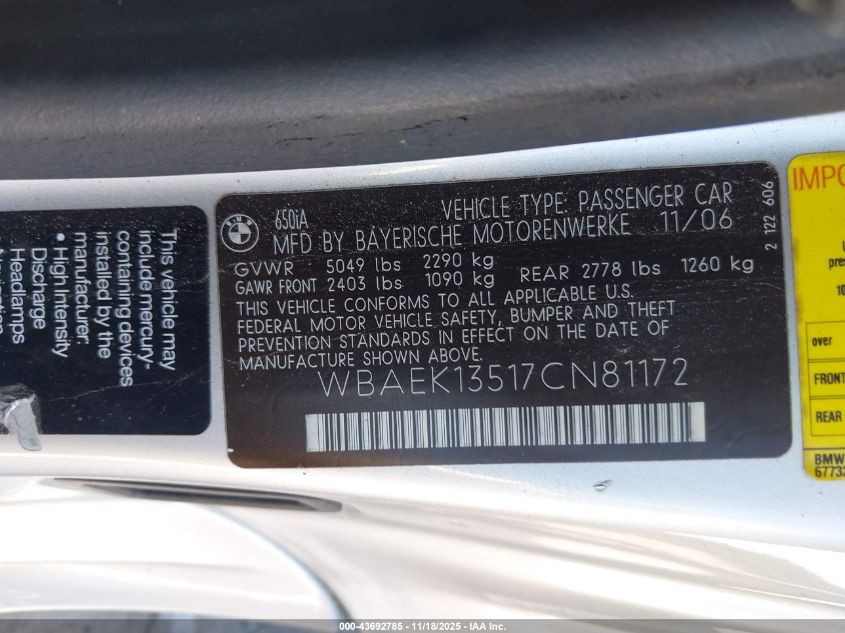 2007 BMW 650I VIN: WBAEK13517CN81172 Lot: 43692785