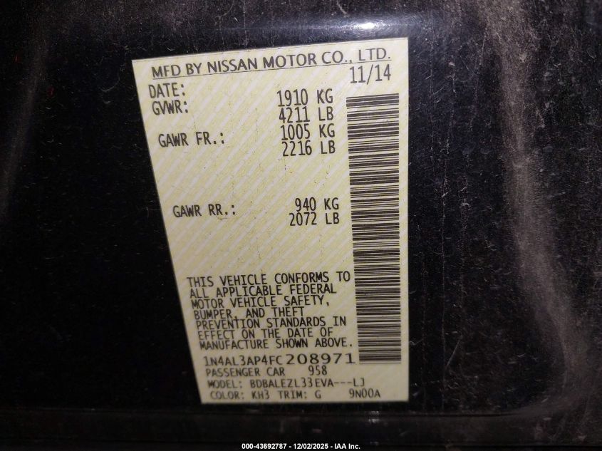 2015 Nissan Altima 2.5 S VIN: 1N4AL3AP4FC208971 Lot: 43692787