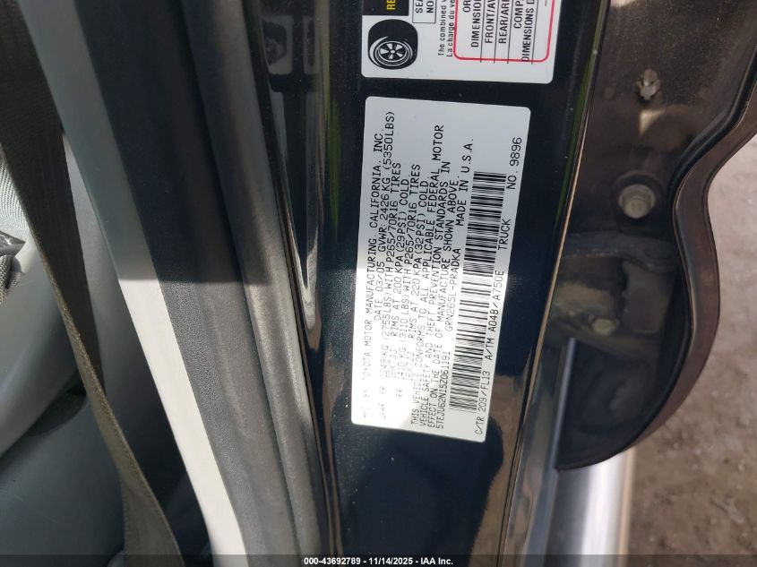 2005 Toyota Tacoma Prerunner V6 VIN: 5TEJU62N15Z061191 Lot: 43692789