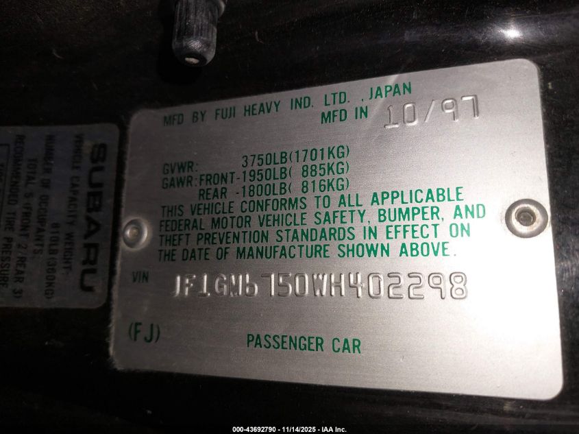 1998 Subaru Impreza 2.5Rs VIN: JF1GM6750WH402298 Lot: 43692790