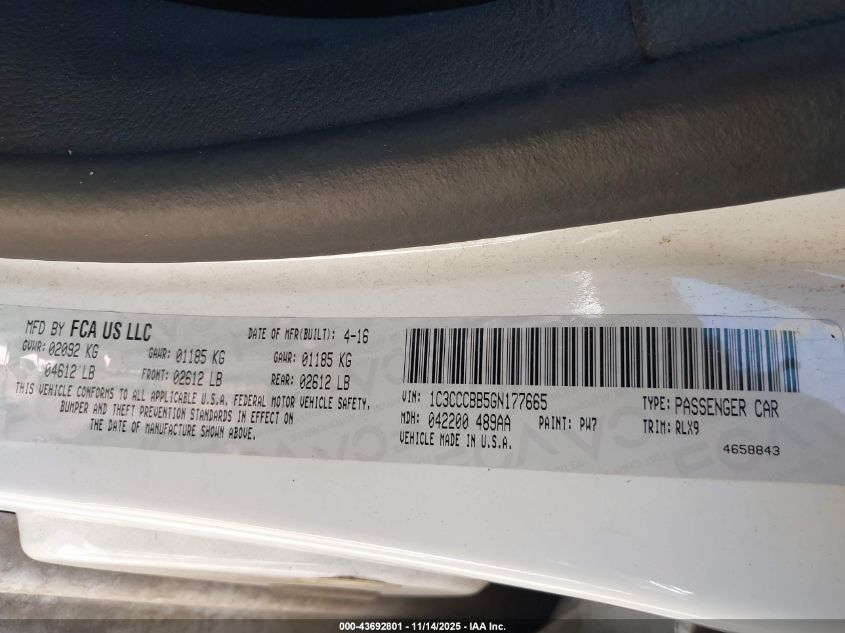2016 Chrysler 200 S VIN: 1C3CCCBB5GN177665 Lot: 43692801