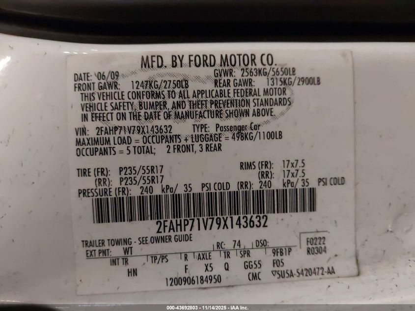 2009 Ford Crown Victoria Police/Police Interceptor VIN: 2FAHP71V79X143632 Lot: 43692803