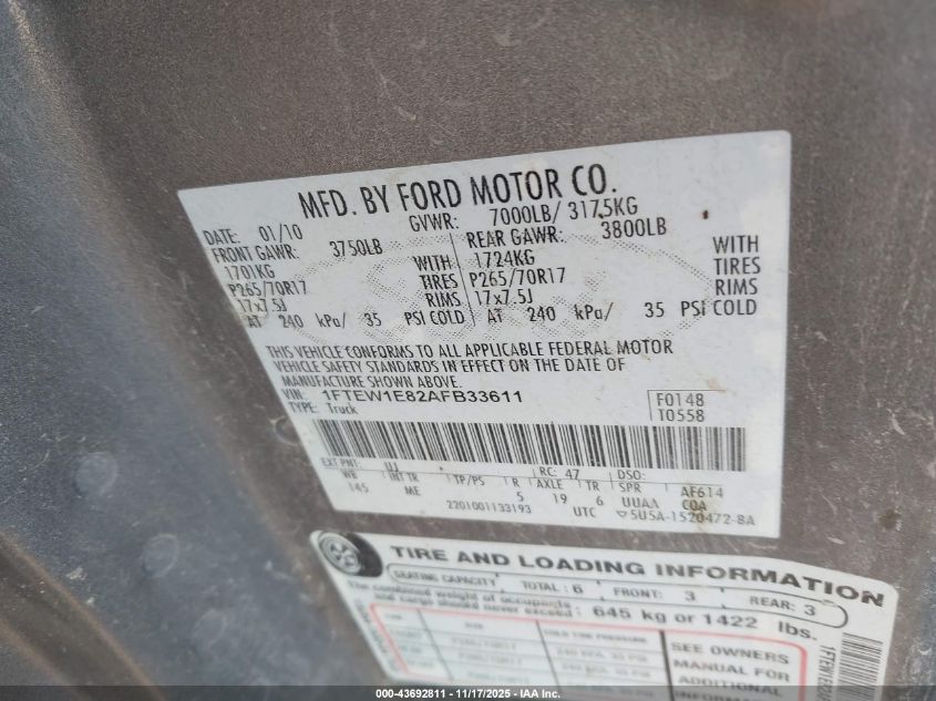 2010 Ford F-150 Xl/Xlt VIN: 1FTEW1E82AFB33611 Lot: 43692811