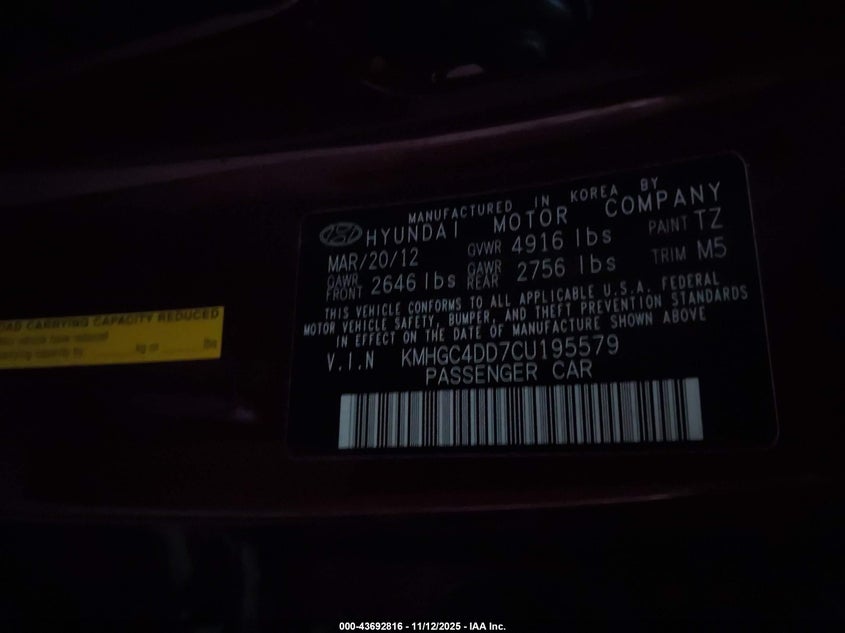 2012 Hyundai Genesis 3.8 VIN: KMHGC4DD7CU195579 Lot: 43692816