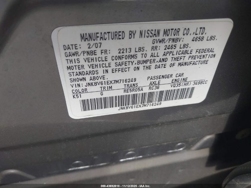 2007 Infiniti G35 Journey VIN: JNKBV61EX7M716249 Lot: 43692818