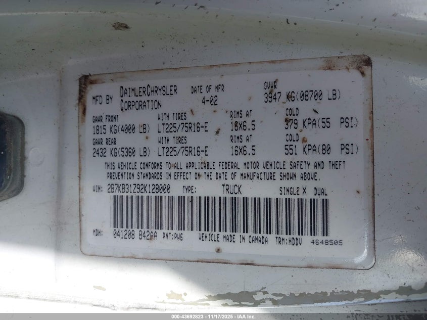 2002 Dodge Ram Van 3500 Conversion VIN: 2B7KB31Z92K128000 Lot: 43692823