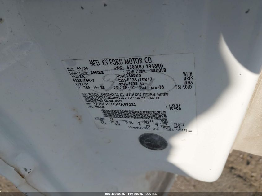 2005 Ford F-150 Stx/Xl/Xlt VIN: 1FTRF12275NA99033 Lot: 43692825