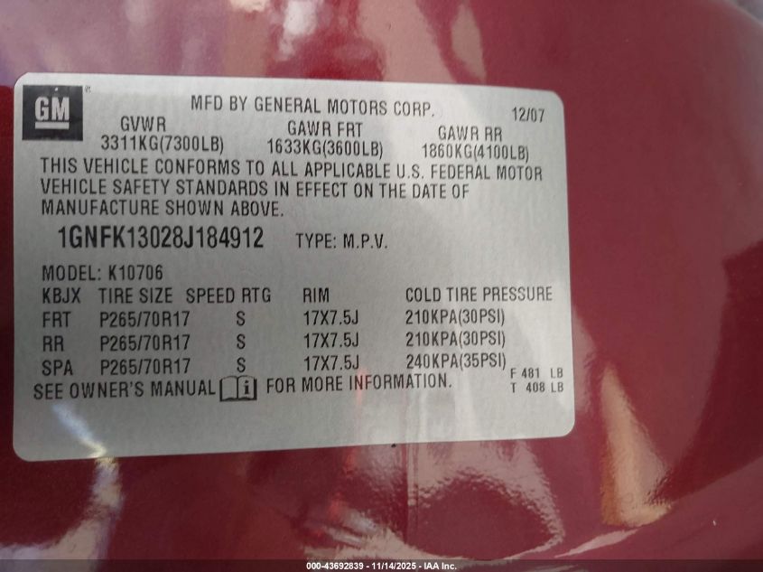 2008 Chevrolet Tahoe Lt VIN: 1GNFK13028J184912 Lot: 43692839