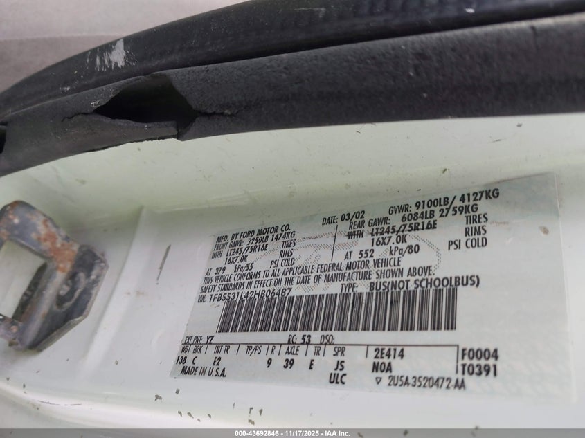 2002 Ford E-350 Super Duty Xl/Xlt VIN: 1FBSS31L42HB06487 Lot: 43692846