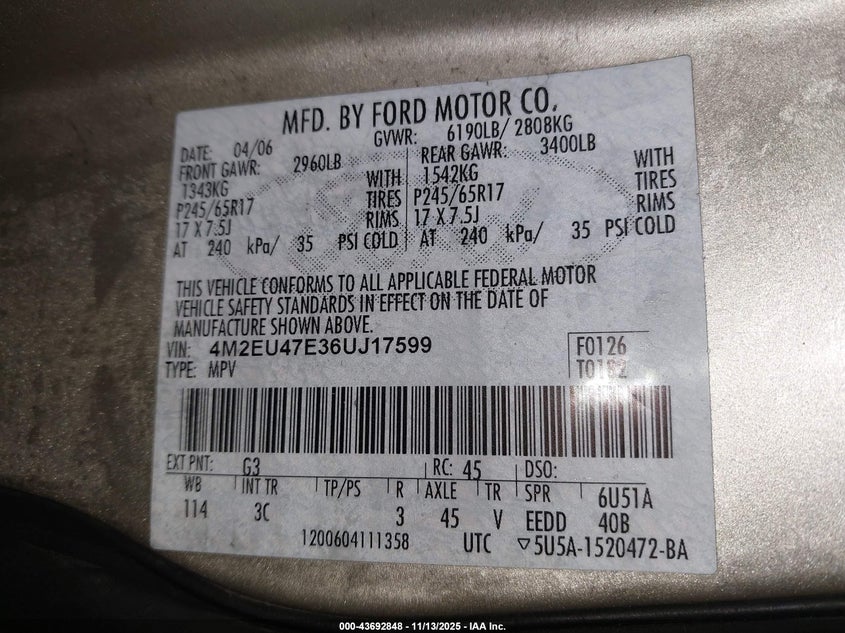 2006 Mercury Mountaineer Luxury VIN: 4M2EU47E36UJ17599 Lot: 43692848