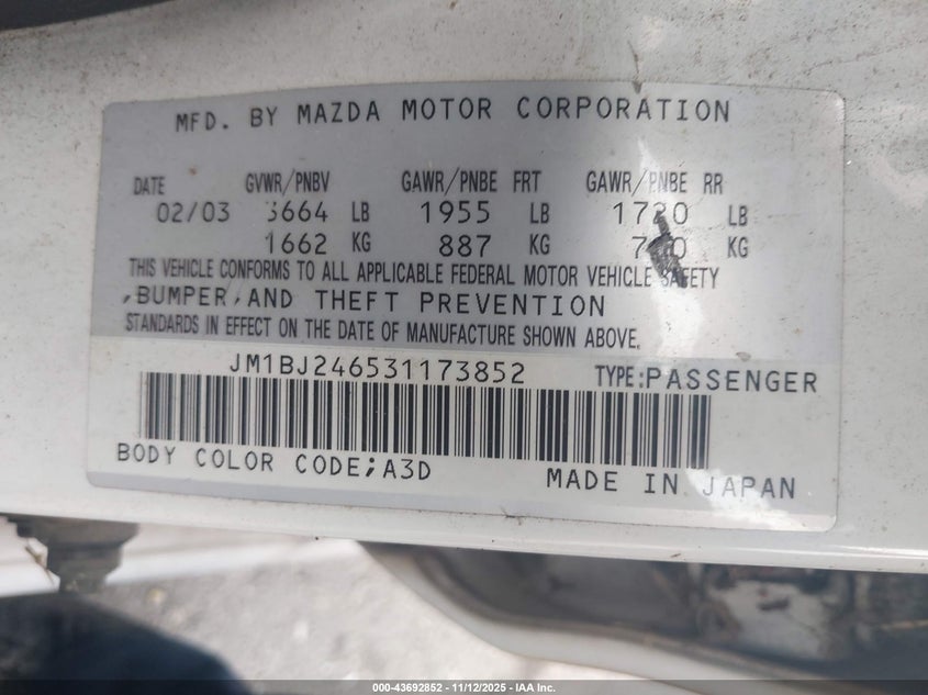 2003 Mazda Protege5 VIN: JM1BJ246531173852 Lot: 43692852