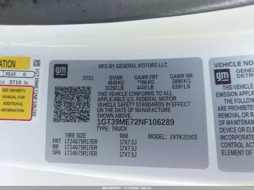 2022 GMC Sierra 2500Hd 4Wd Long Bed Sle VIN: 1GT39ME72NF106289 Lot: 43692857