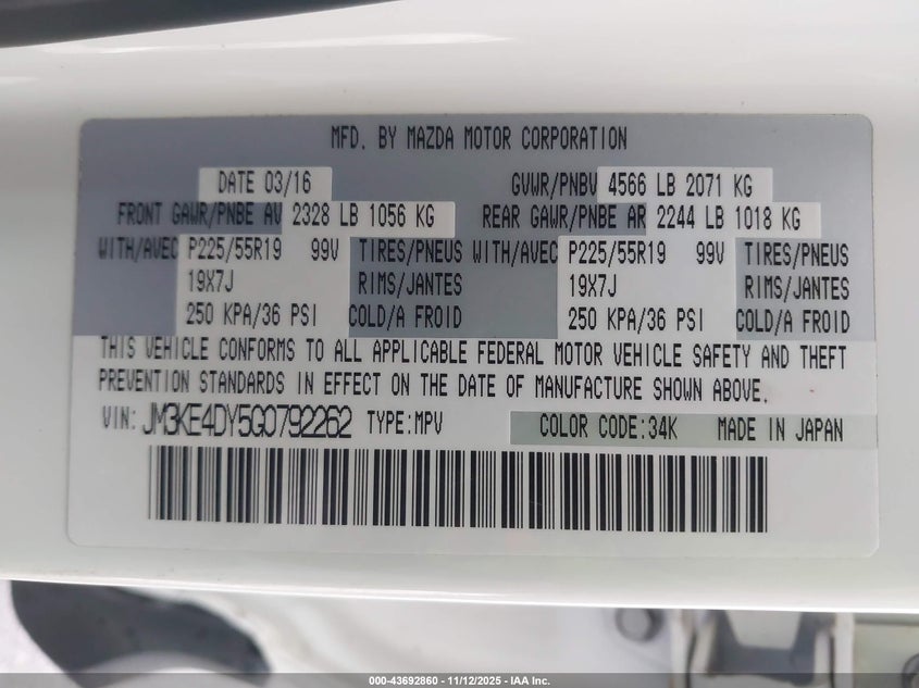 2016 Mazda Cx-5 Grand Touring VIN: JM3KE4DY5G0792262 Lot: 43692860