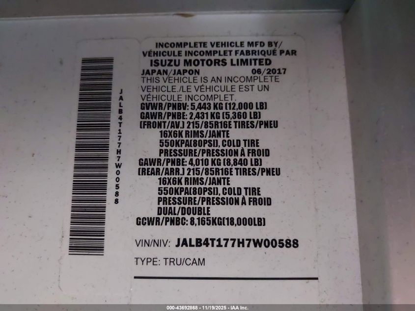 2017 Isuzu Reach VIN: JALB4T177H7W00588 Lot: 43692868