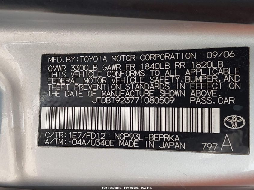 2007 Toyota Yaris VIN: JTDBT923771080509 Lot: 43692876